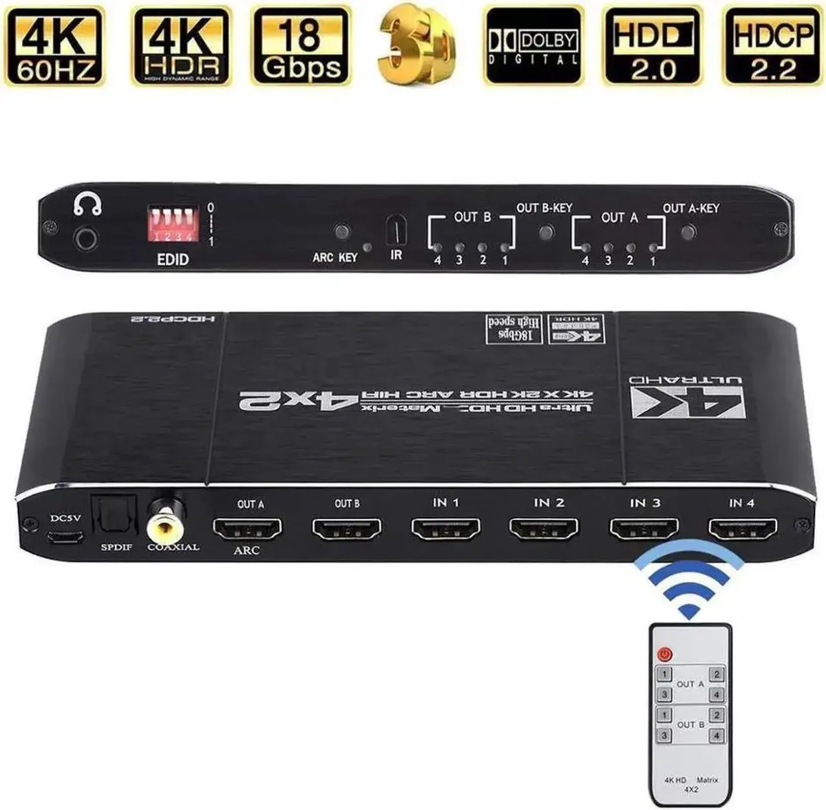 SMUGDESK SMUGDESK 4×2 HDMI 2.0 Matrix Switch 18Gbps 4K@60Hz 4:4:4 HDR ARC Audio Extractor EDID HDCP2.2 IR Remote — product photo