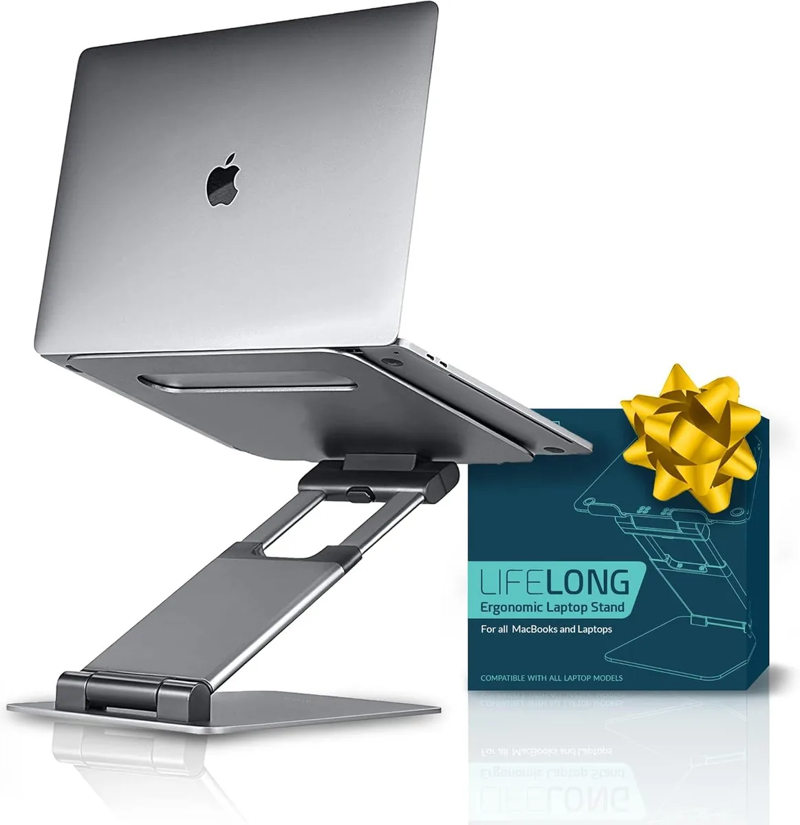 Grey foldable laptop stand with adjustable arm rising up to 20 inches