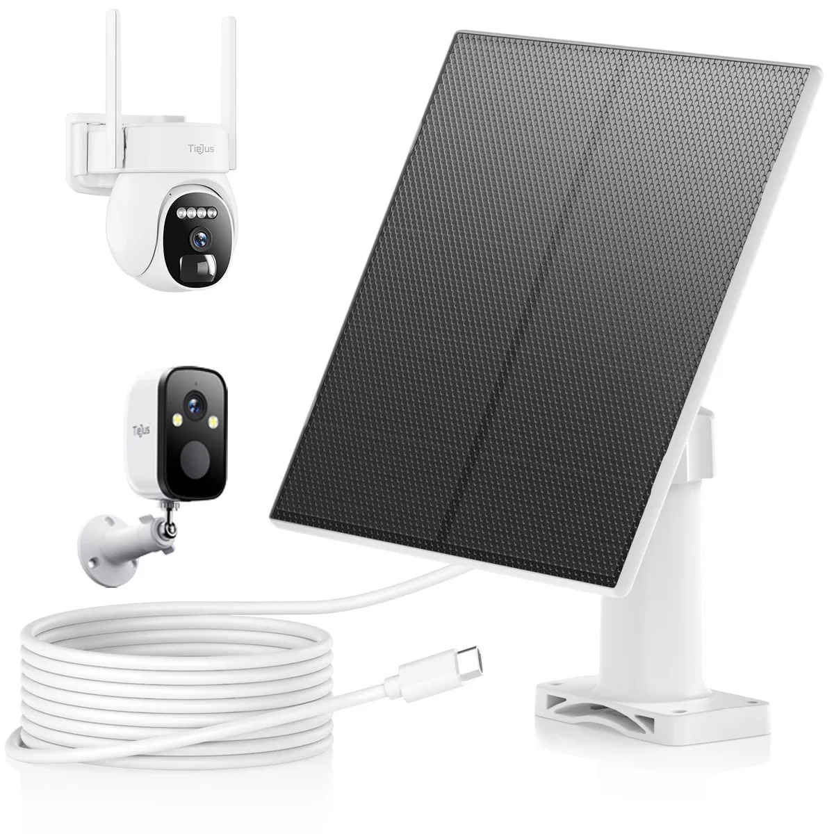 Compact rectangular solar panel with weatherproof finish and ten-foot Type-C cable attached