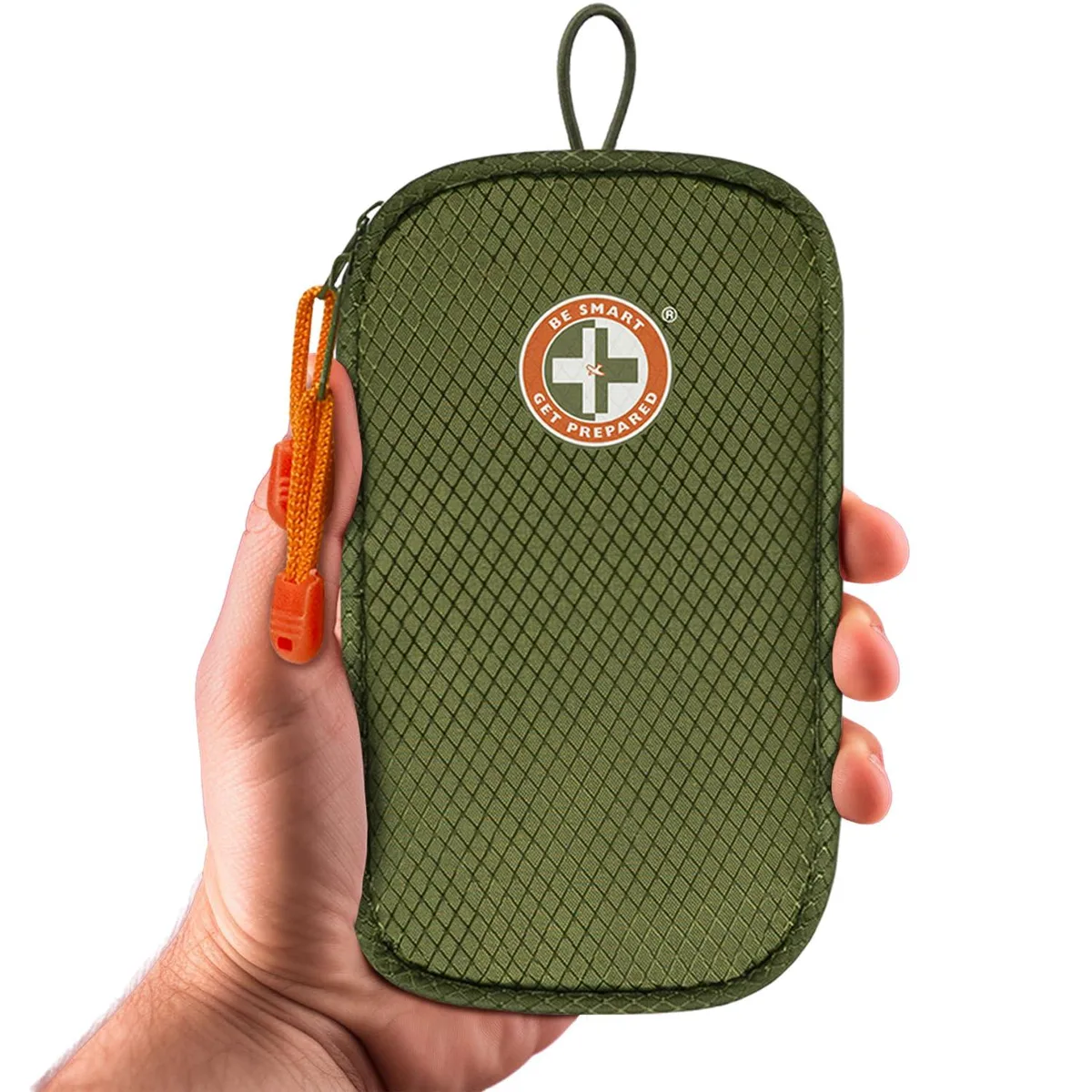 Compact green first aid kit, portable rectangular case with zip closure