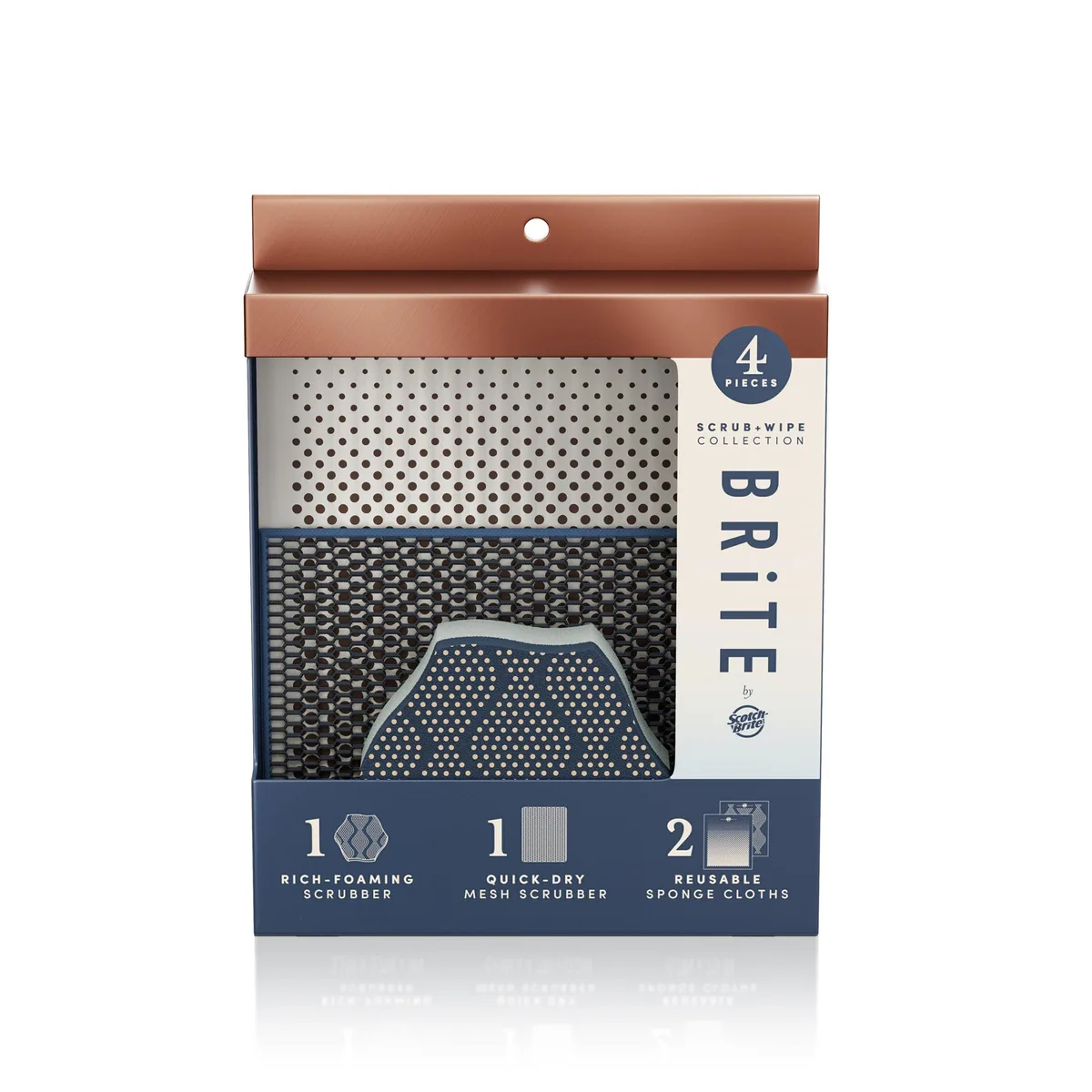 Four-piece cleaning set with hexagonal dish scrubber, mesh scrubber, and two reusable sponge cloths