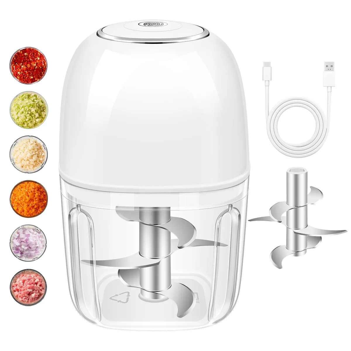 White compact electric chopper with transparent bowl and stainless steel blades