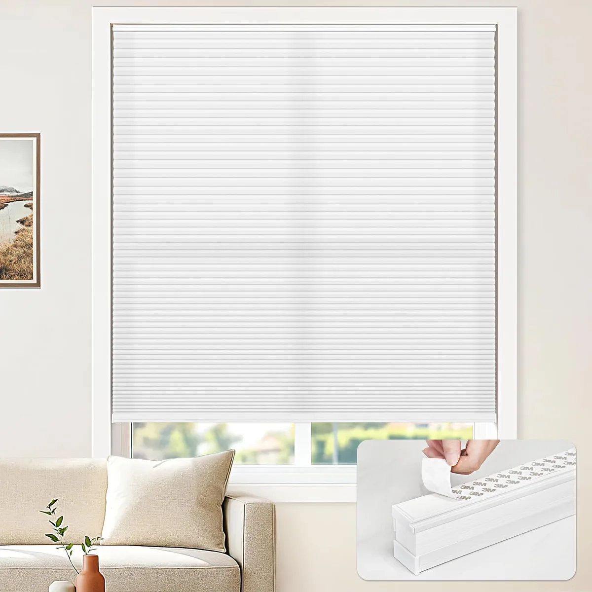 White cordless cellular shade, honeycomb texture, 20 by 48 inches