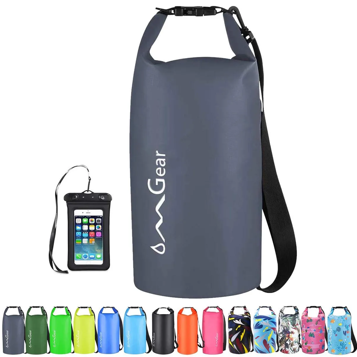 Grey 2L dry bag pack in 500D PVC tarpaulin with roll-top buckle closure and adjustable shoulder straps