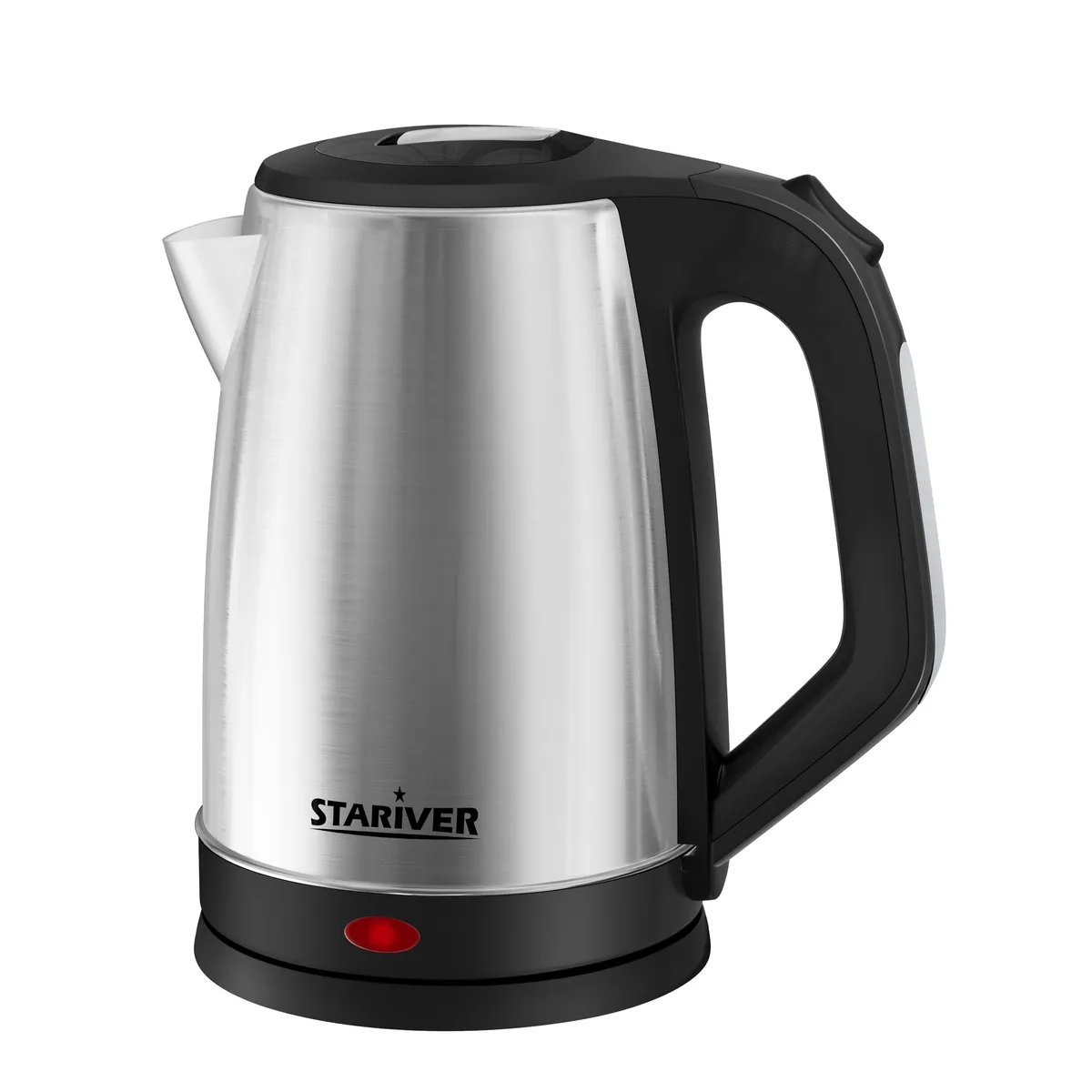 Black and silver electric kettle, tall cylindrical shape, stainless steel body