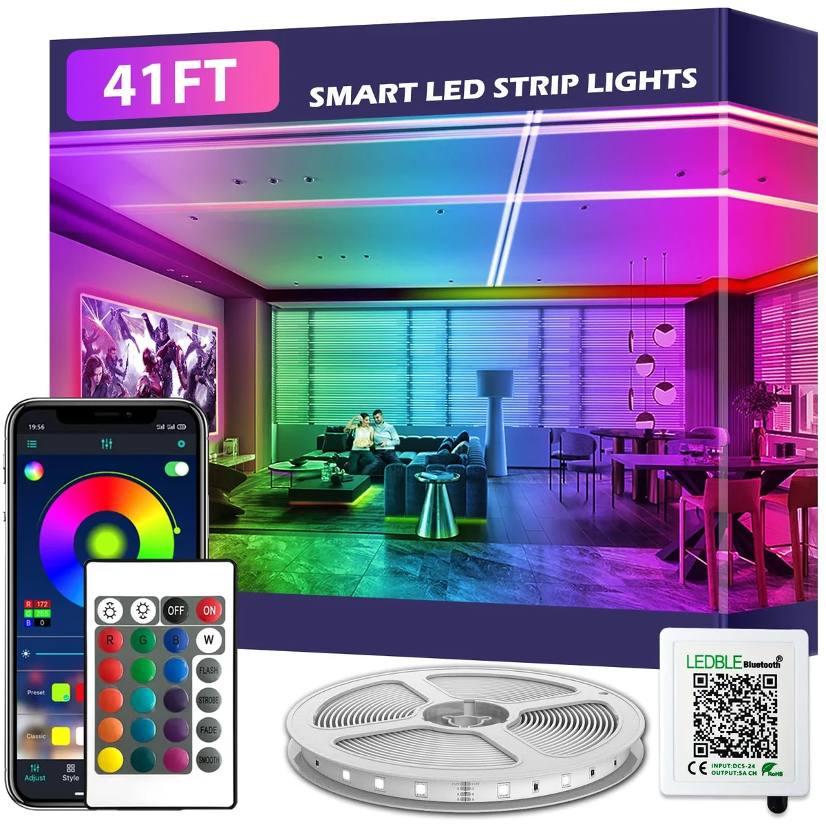 White finished LED strip light kit on a reel, 41FT length with clear prismatic covering and power adapter