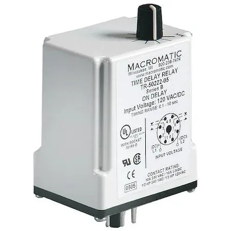 Macromatic TR-50228-10 octal plug-in time delay relay, enclosed grey housing, eight pins