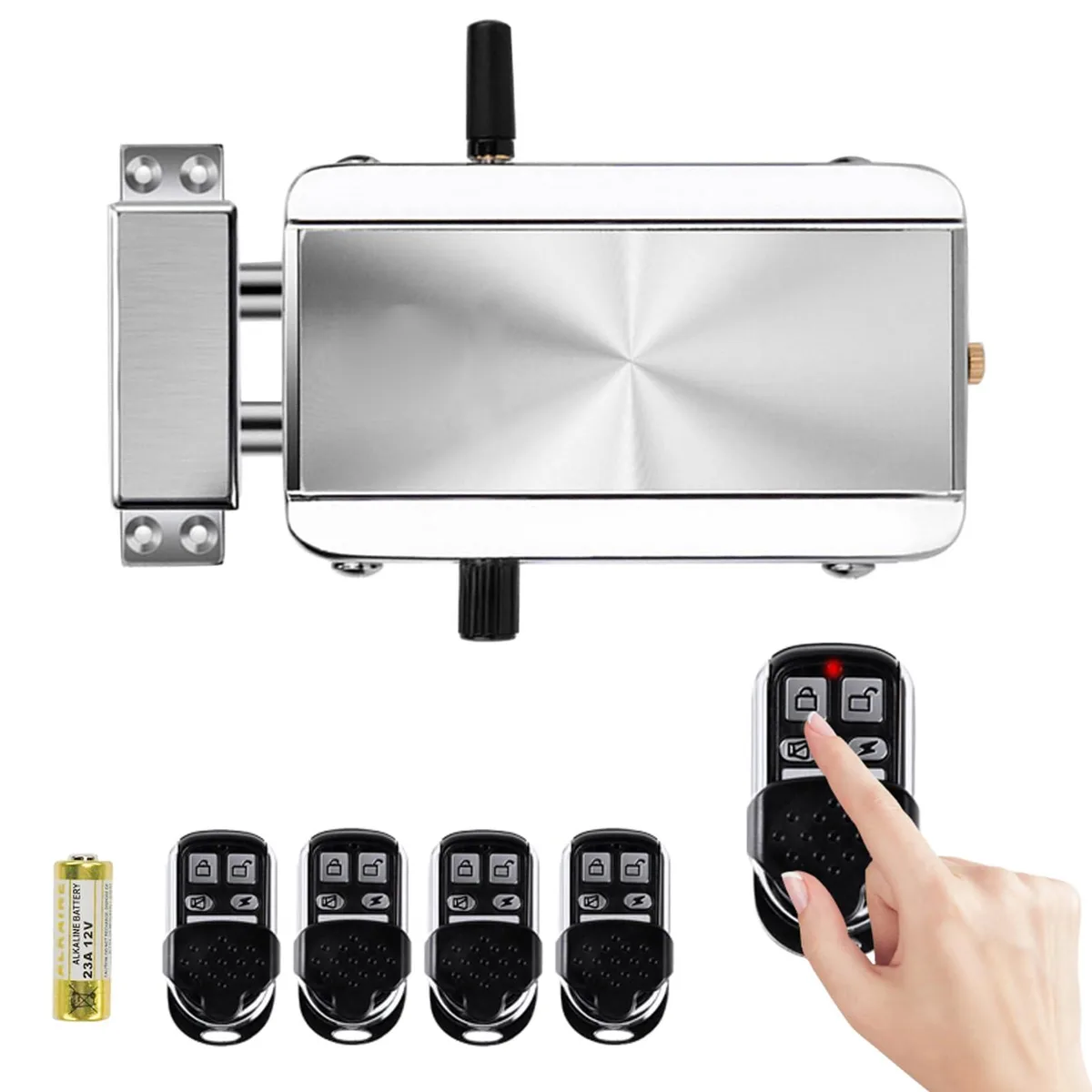 Silver rectangular smart door lock with four remote controls