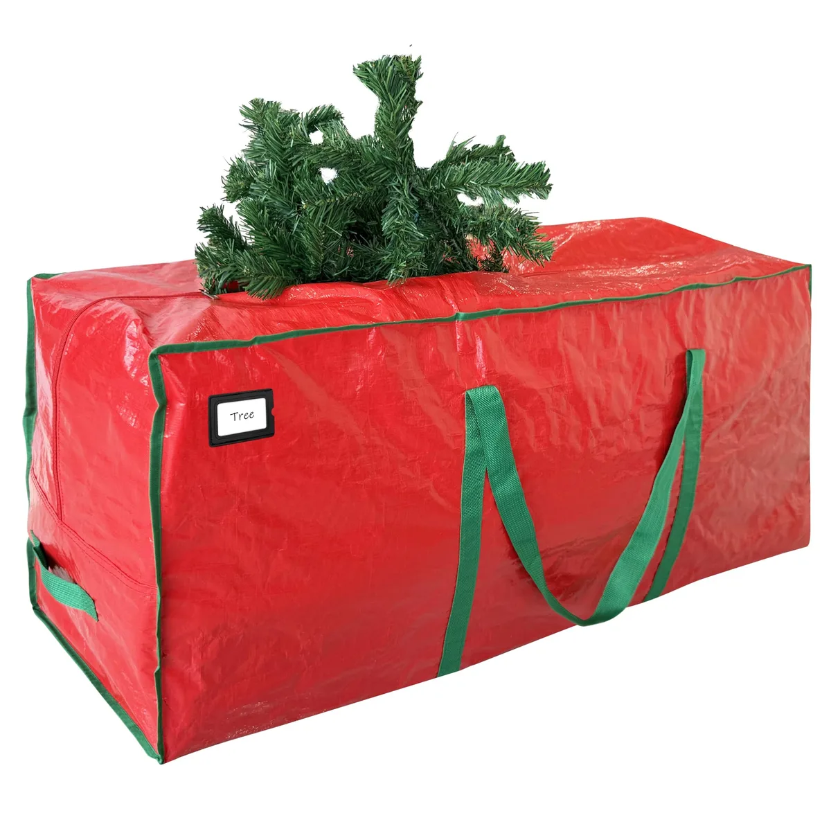 Red rectangular storage bag with dual zippers and reinforced handles, shown flat on light surface