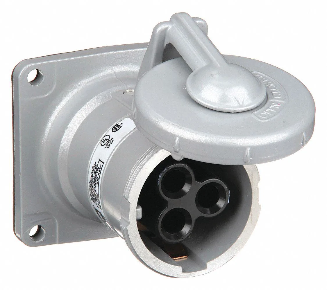 Gray industrial pin-and-sleeve receptacle with spring-loaded cap