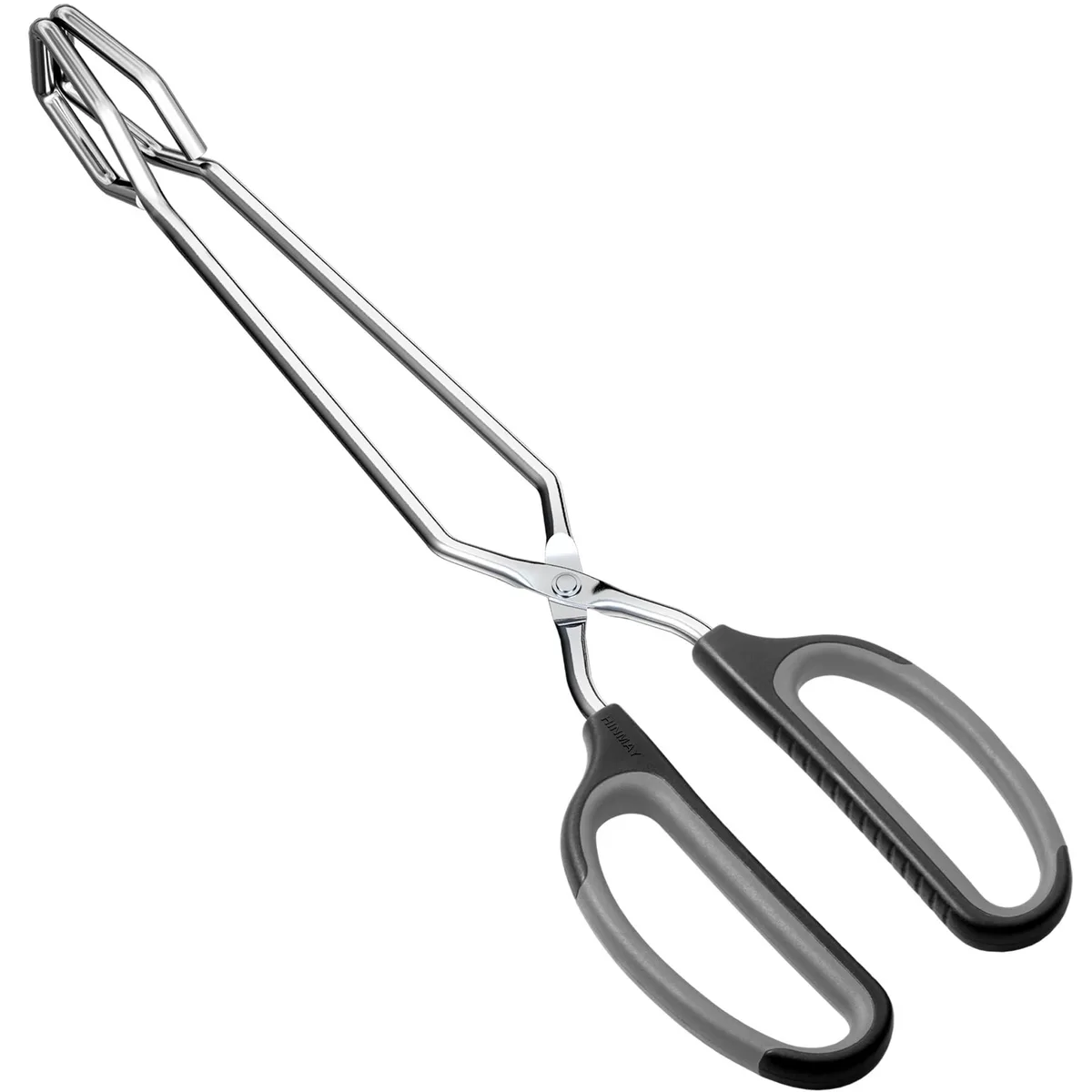 Stainless steel scissor tongs with black silicone-grip handles, 12-inch length