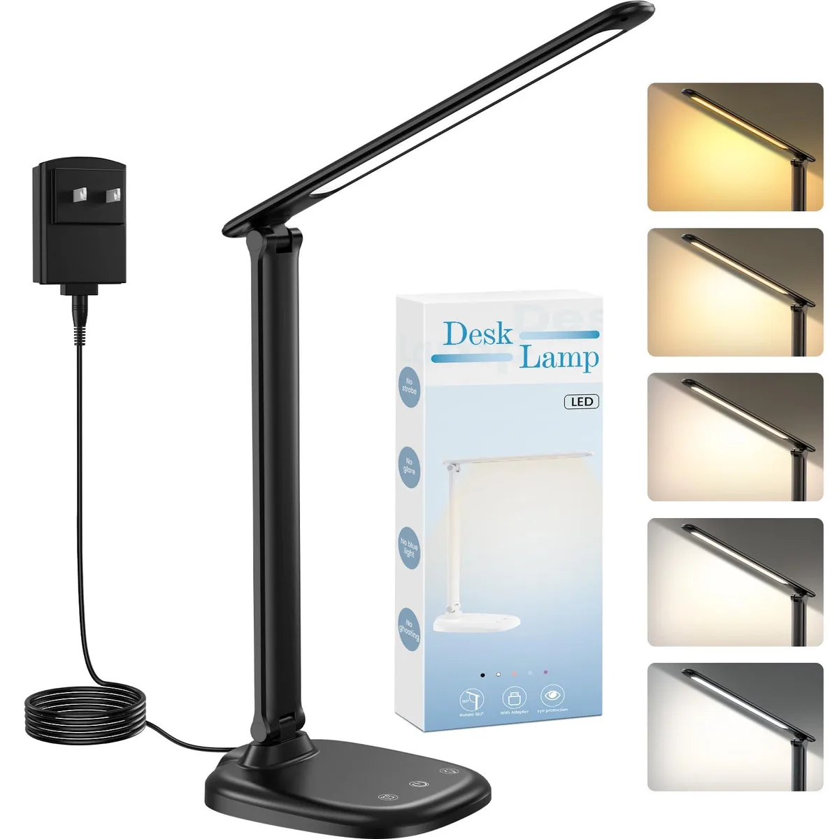 Foldable matte and glossy black LED desk lamp with touch panel and USB charging port