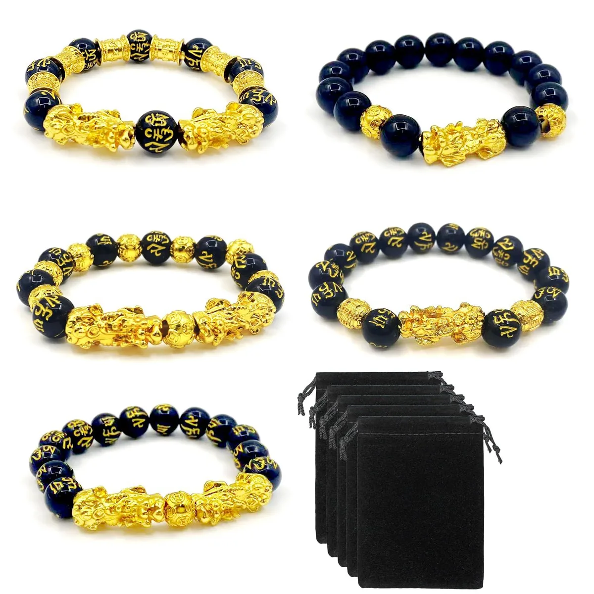 FAURAPMNG 5 Pcs Feng Shui Bracelet Set 12mm Pixiu Dragon Charm Black & Golden — product photo