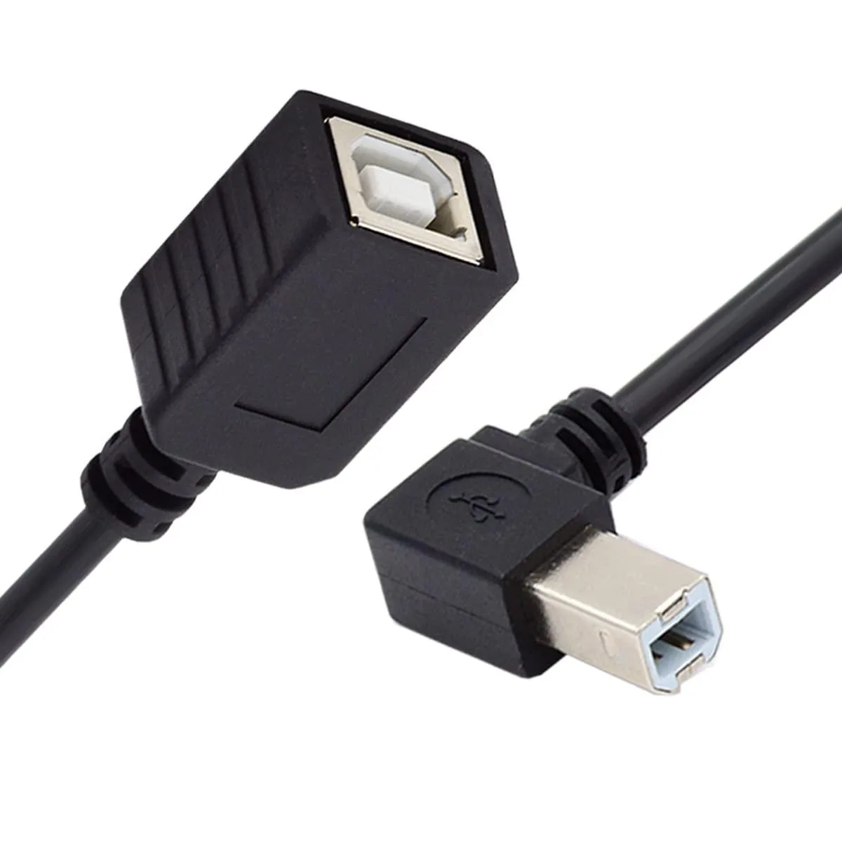 Black USB 2.0 B male-to-female extension cable with 90-degree left-angled connector, 20cm length