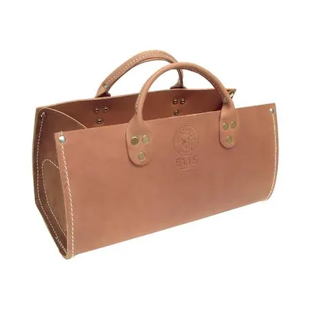 Brown leather tool tote with reinforced ends and steel studs
