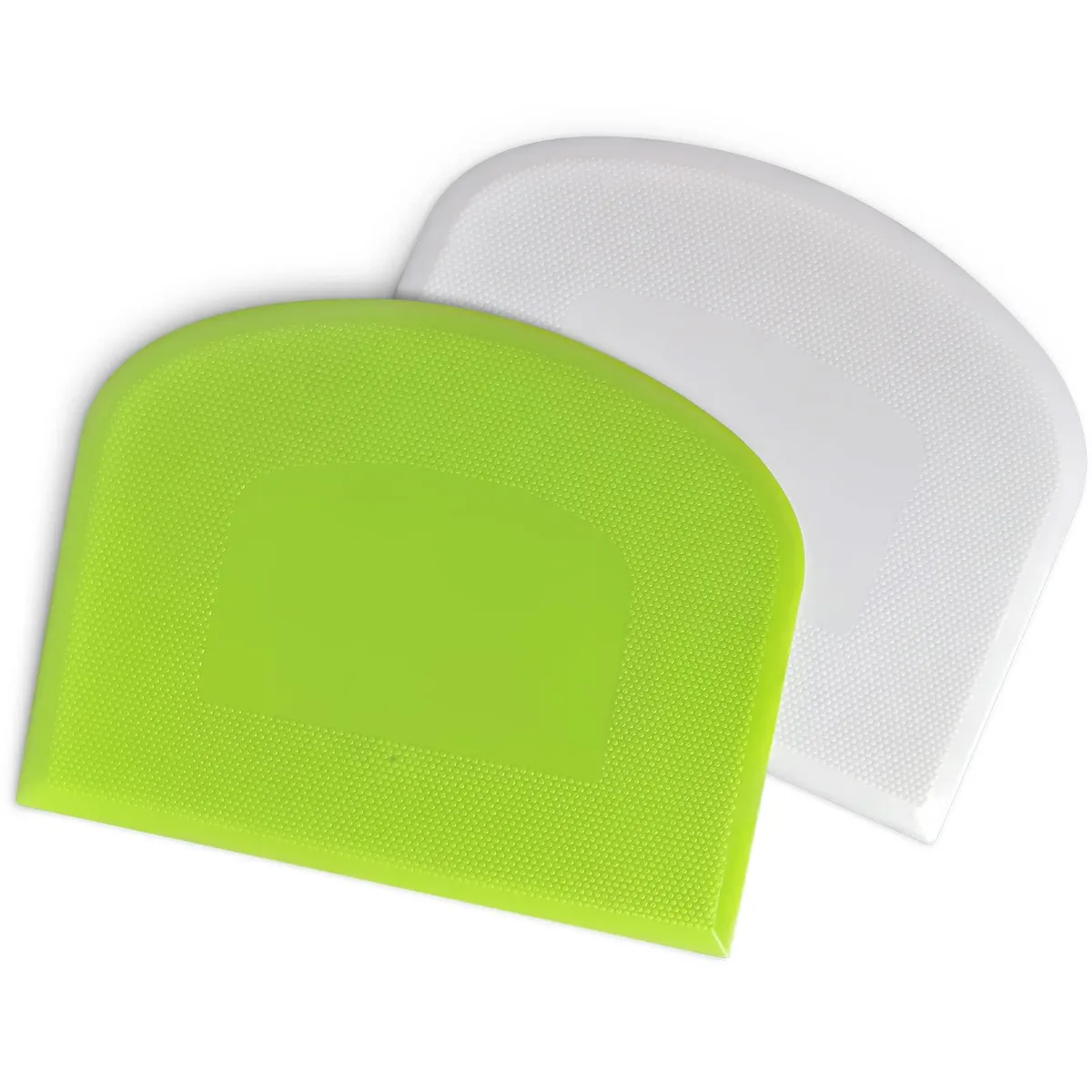 Two white and green plastic scrapers 5.2 by 3.6 inch