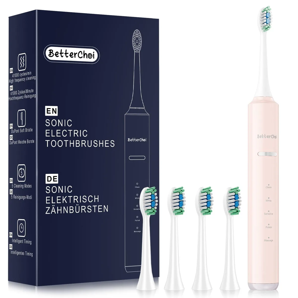 Pink electric toothbrush with white handle and four brush heads
