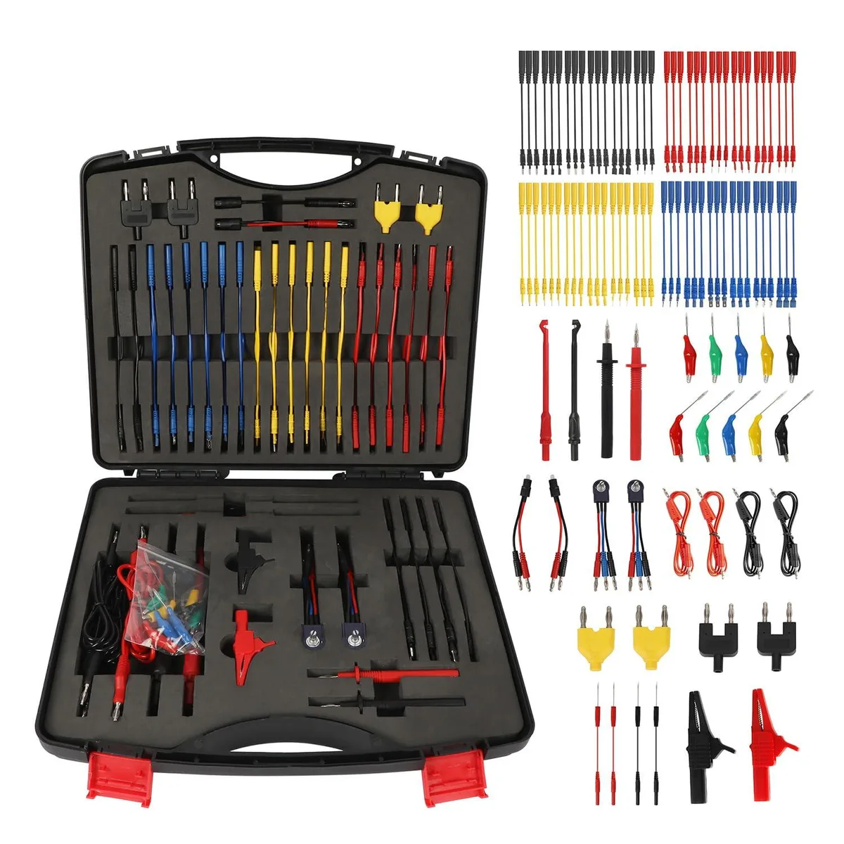 Open black case showing 104 test leads with banana plugs, alligator clips and assorted terminals