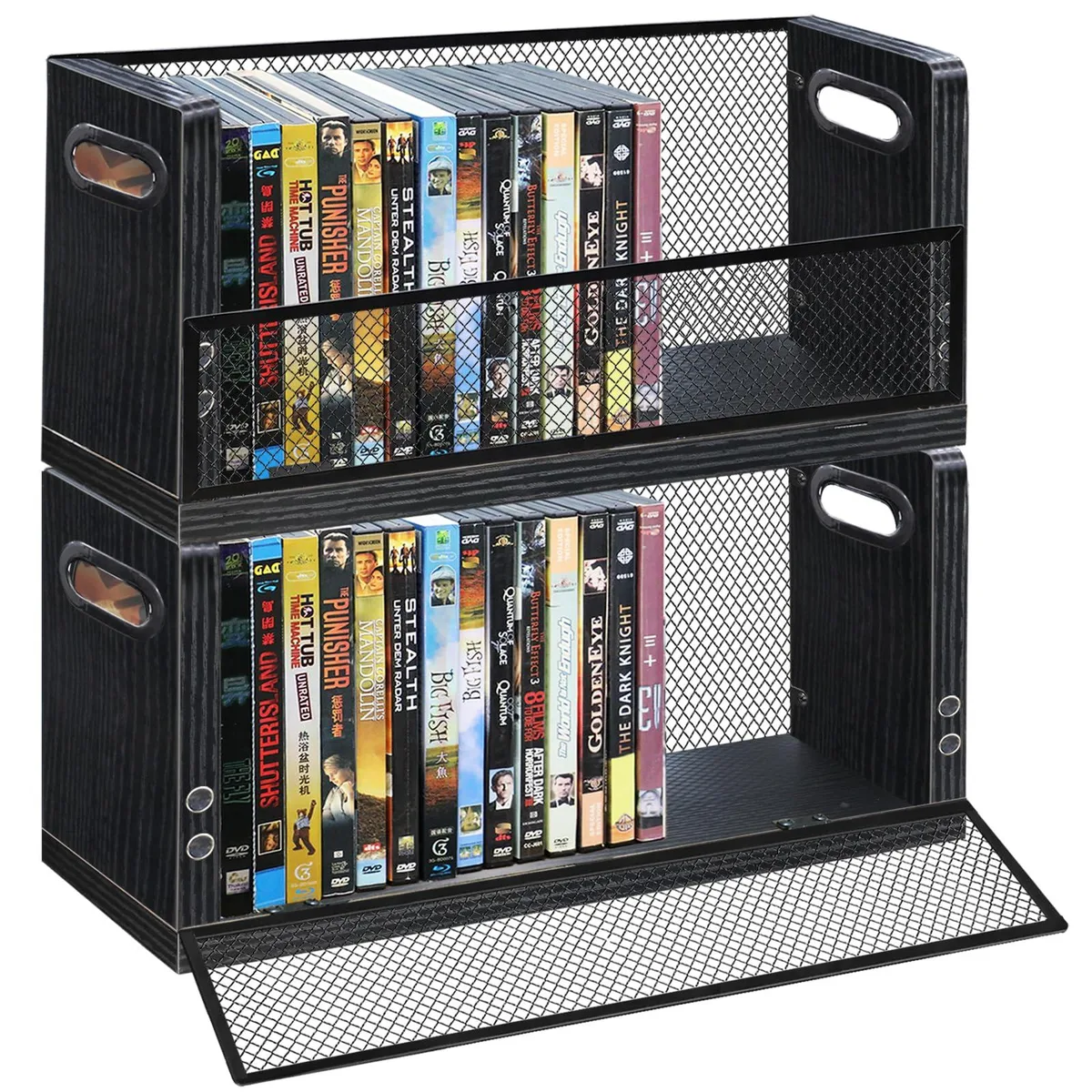 Two wooden and iron-mesh DVD racks with drop-down magnetic doors, stackable design