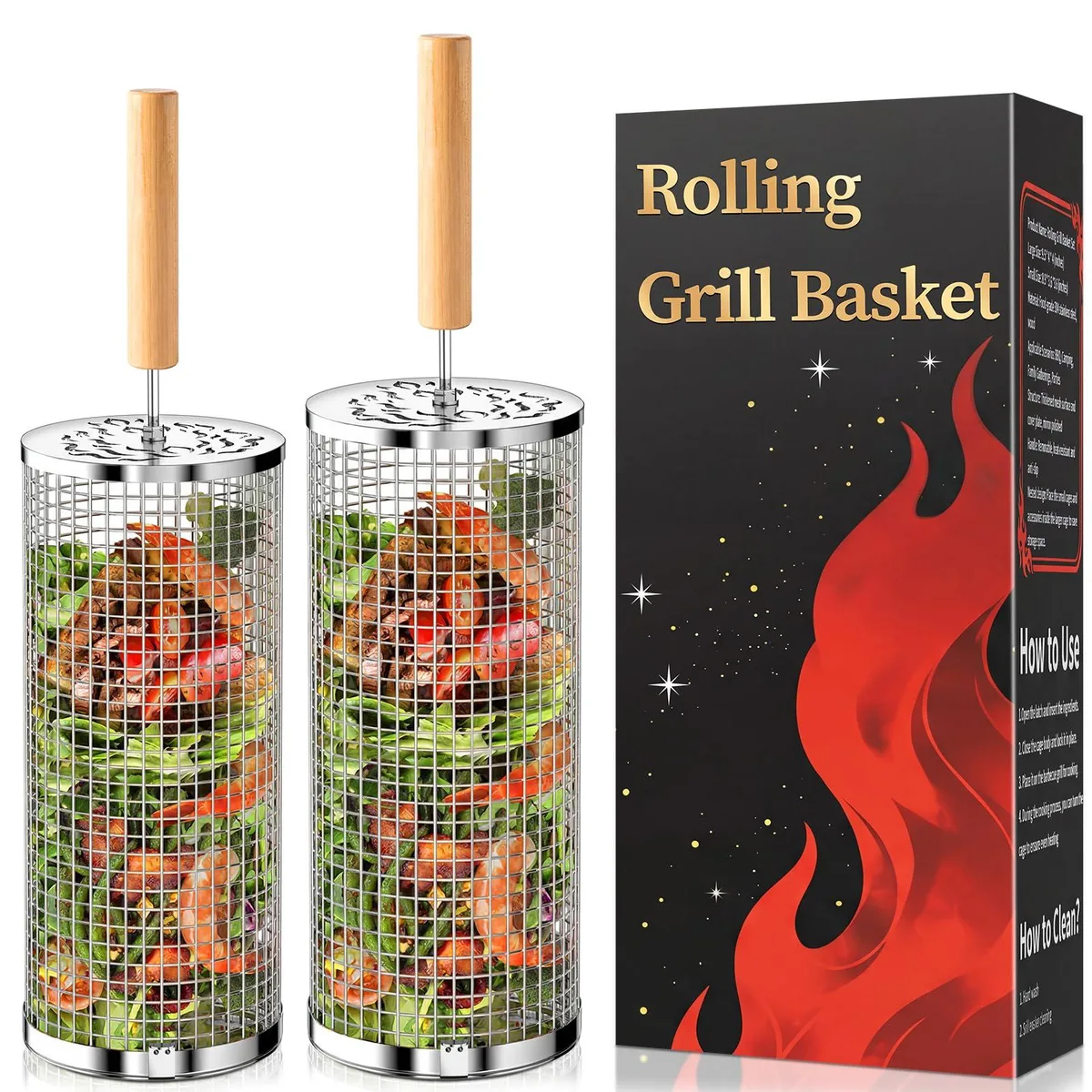  Rolling Grill Basket, 304 Stainless Steel, Removable Wooden Handle, Nesting Design — product photo