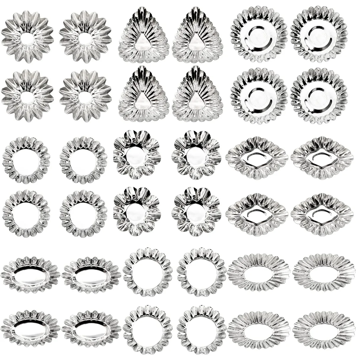 Thirty-six small tin tartlet molds in nine assorted shapes, silver finish