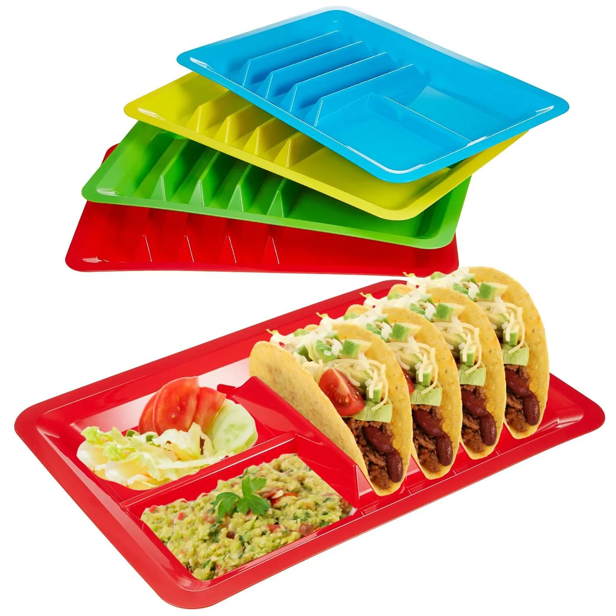 Four rectangular white plastic taco plates with multicolor rims and upright dividers, 12.99 x 8.66 in
