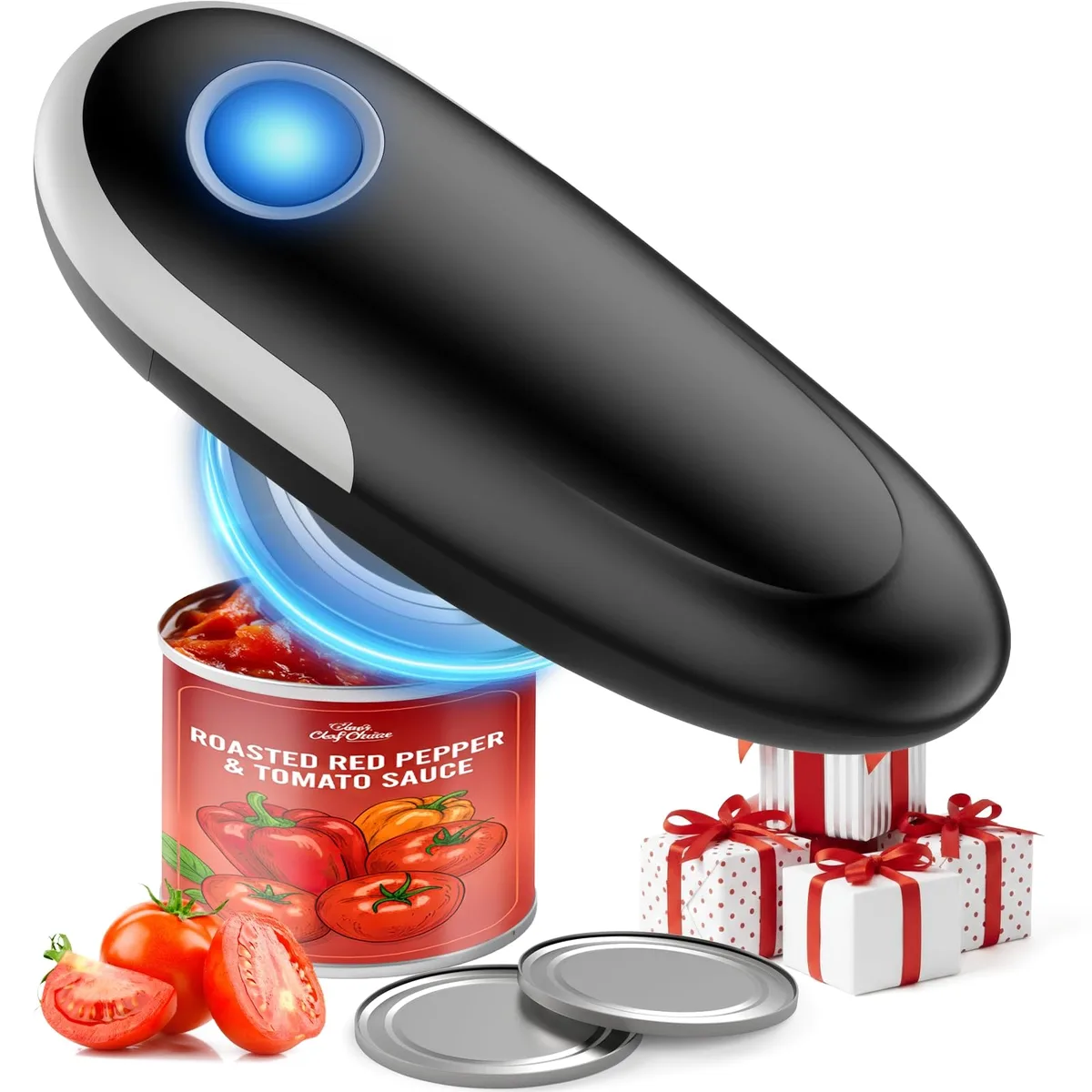 Gray automatic can opener, smooth side-cut design, 7.3x2.6x2.3 in