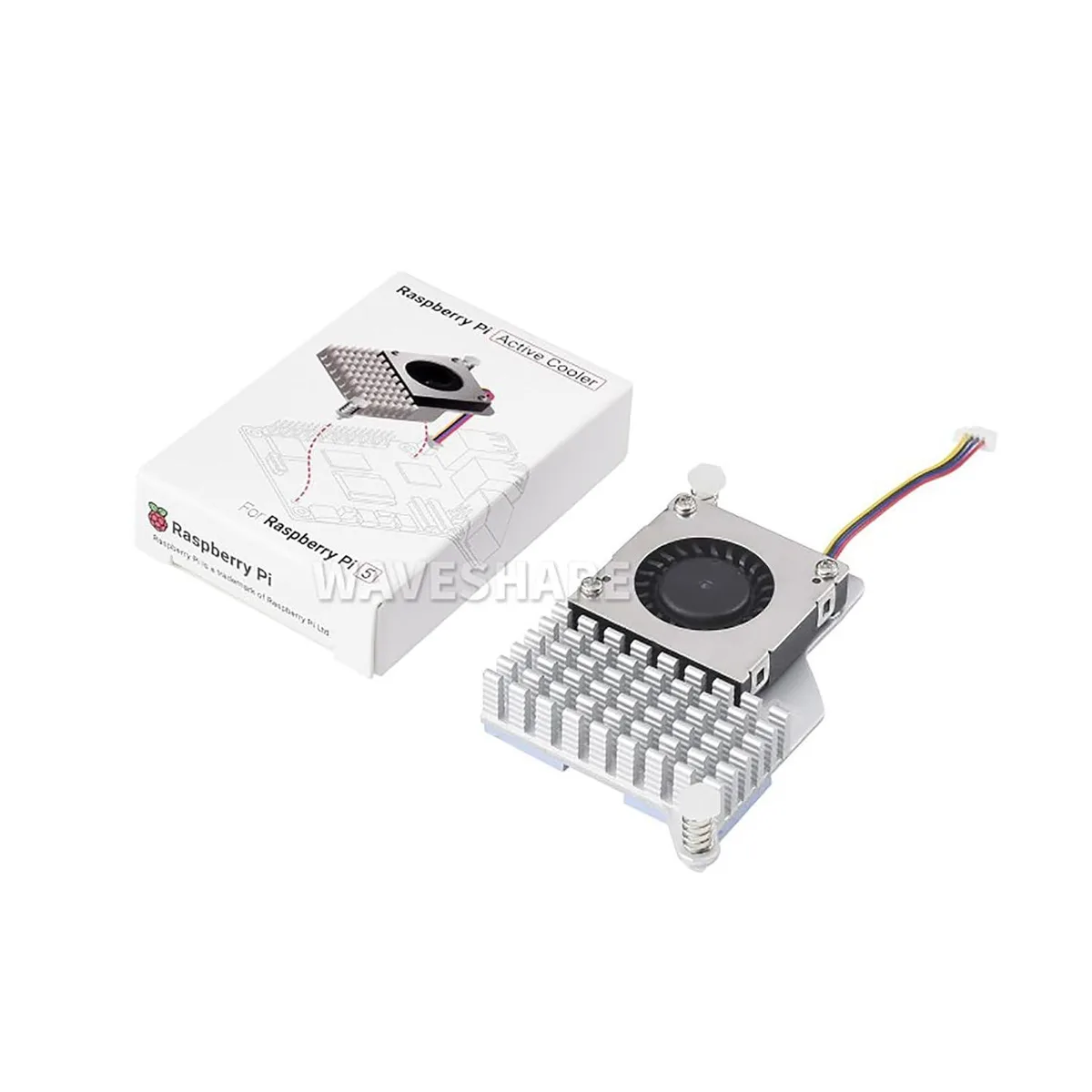 Silver aluminium heatsink with black blower fan mounted on Raspberry Pi 5