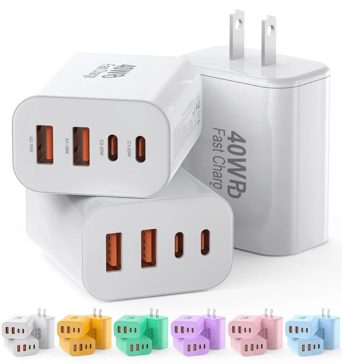 Three white cube chargers each with two USB-C and two USB-A ports
