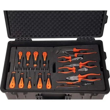 Black hard-shell case open revealing 139-piece technician tool set with wrenches sockets pliers screwdrivers hex keys