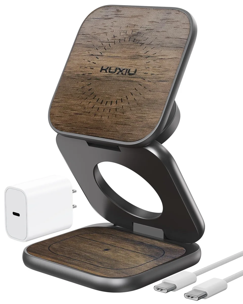 KU XIU X40 Turbo Qi2.2 25W 3-in-1 Foldable Wireless Charger Wood Grain with 45W GaN Adapter — product photo