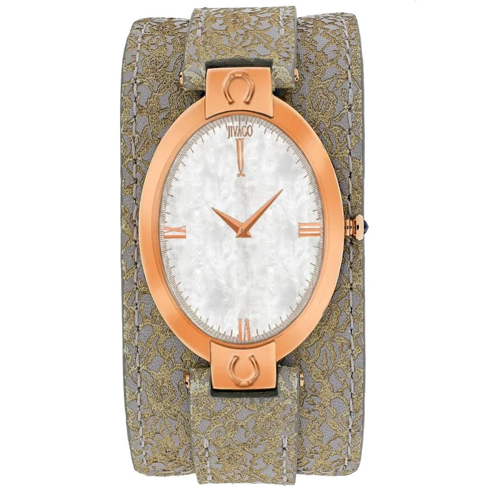 Jivago white mother-of-pearl dial watch with stainless steel case and leather strap