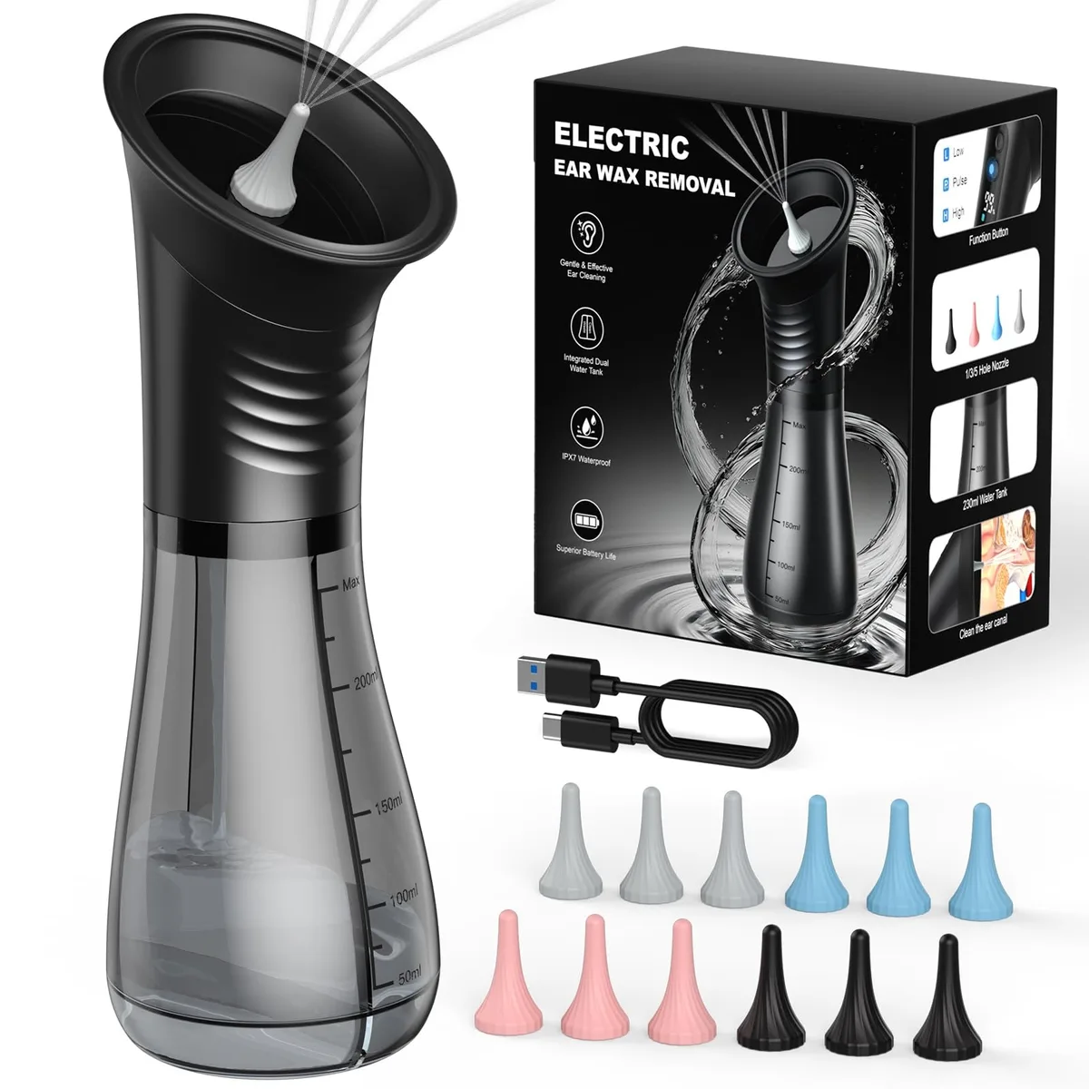 Black electric ear cleaner with LED display and dual water tanks