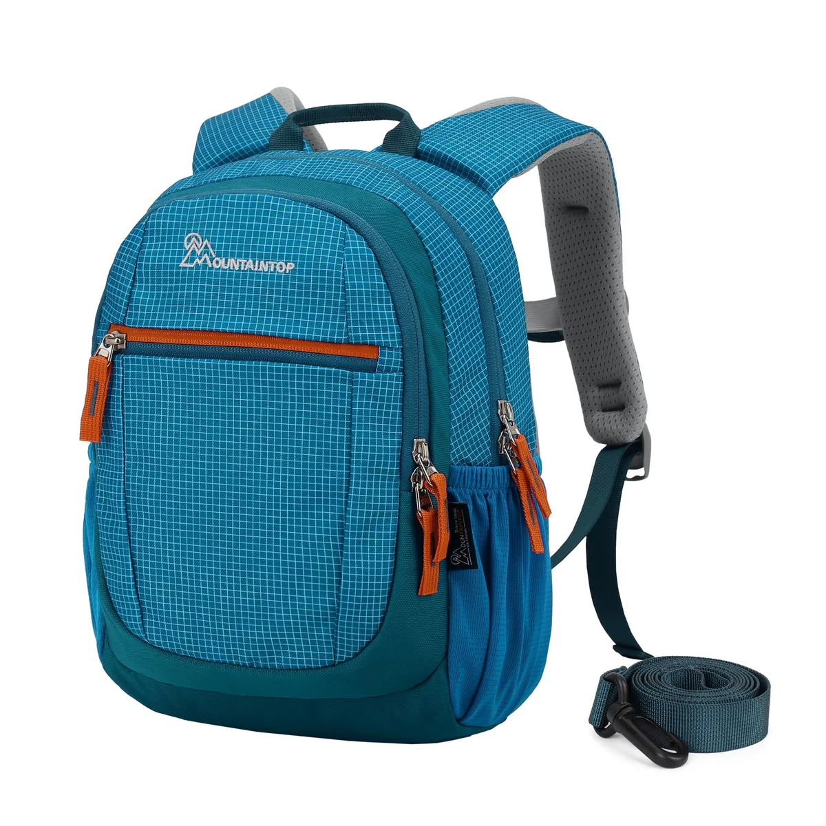 Small blue toddler backpack with grid pattern and attached safety leash