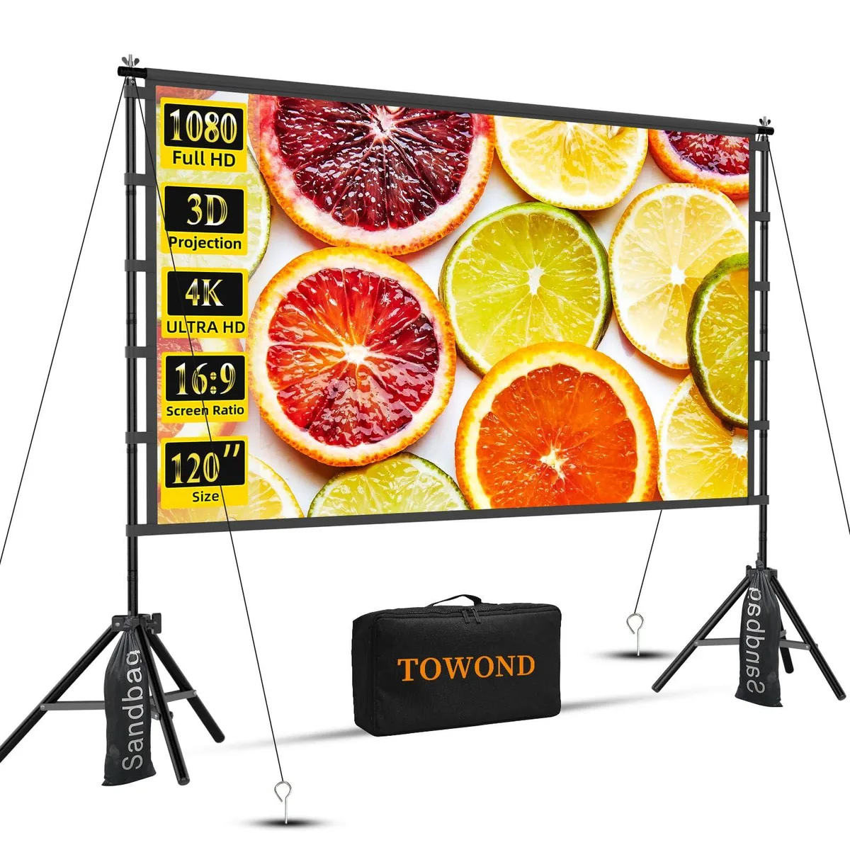  TOWOND 120 inch HD Foldable Anti-Crease Double Sided Projector Screen with Stand — product photo