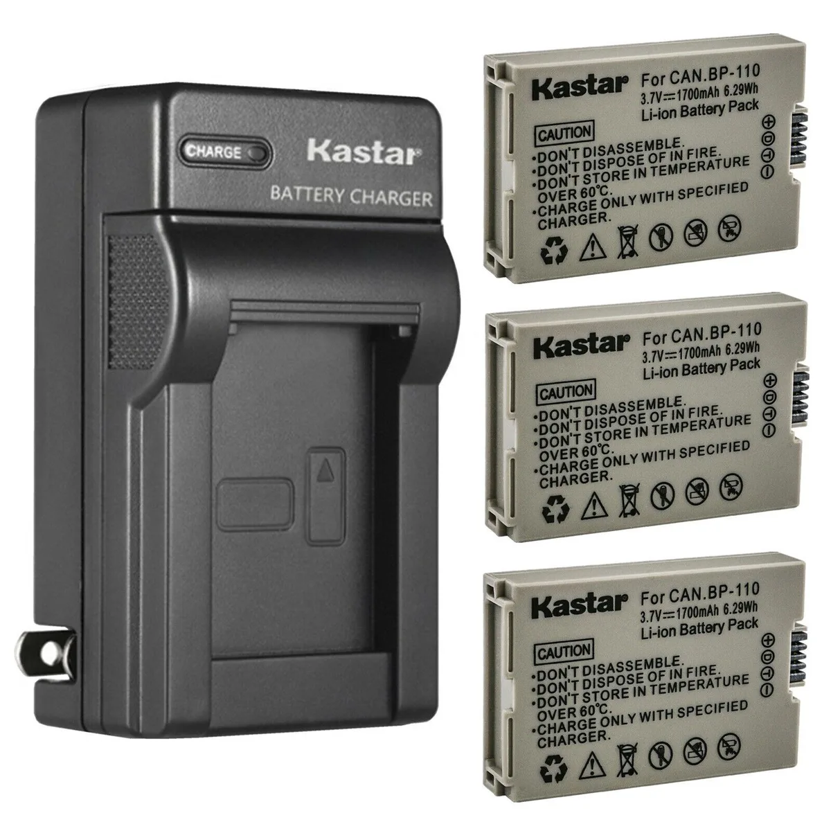 Kastar Kastar BP-110 3-Pack Battery &amp; AC Wall Charger for Canon VIXIA HF R20 R21 R26 R27 R28 R200 R205 R206 — product photo