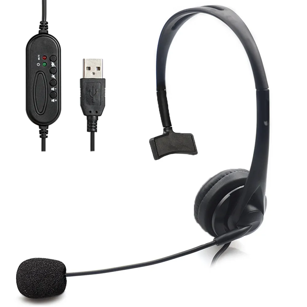 Black single-ear USB headset with padded headband, memory foam ear pad