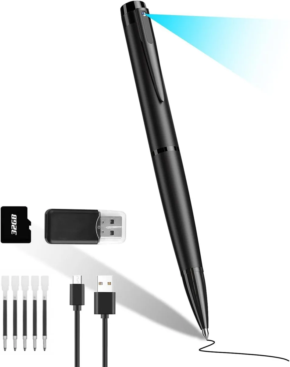 Black pen with hidden 2mm lens and clip, 32GB card included