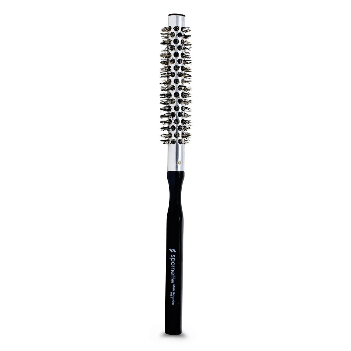 Small 0.75 inch round brush with mixed boar and nylon bristles, vented metal barrel, black handle