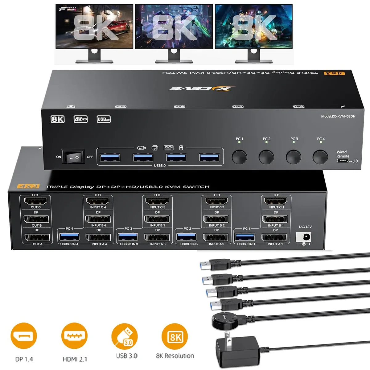 Hitoor Hitoor HDMI+2 DisplayPort KVM Switch 3 Monitors 4 Computers 8K@60Hz 4K@144Hz — product photo