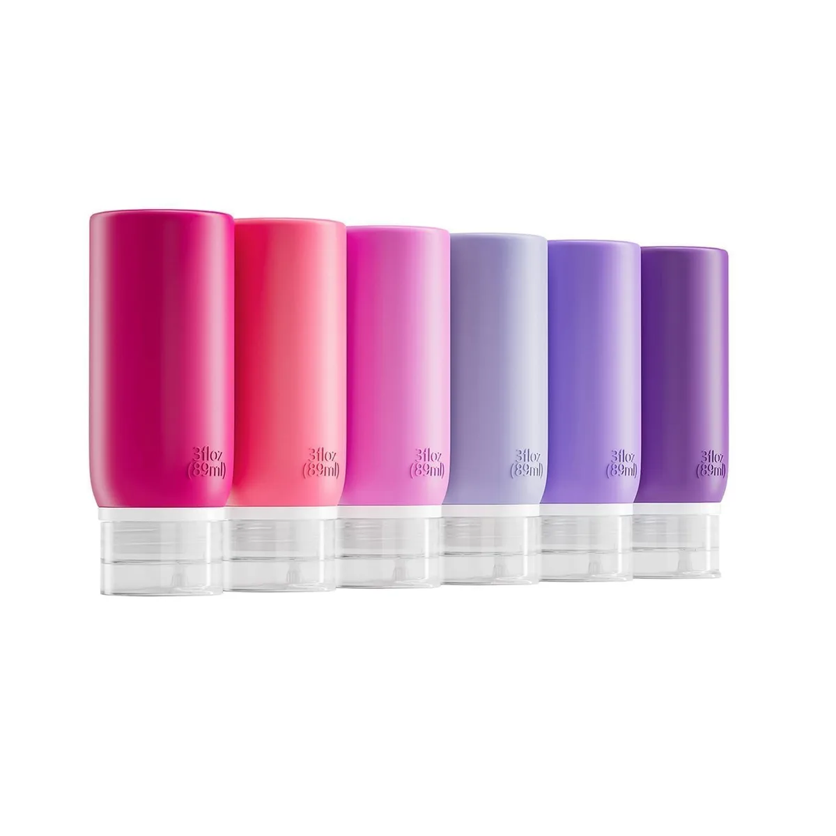 Pink silicone travel bottle with flip cap and volume markings