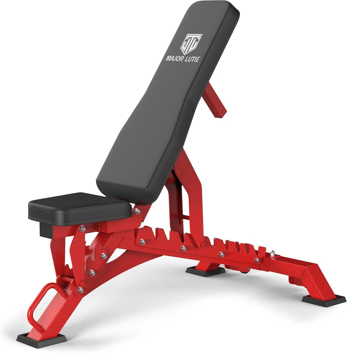 Heavy-duty adjustable weight bench with triangular steel frame, matte finish, and C-shaped lock catch