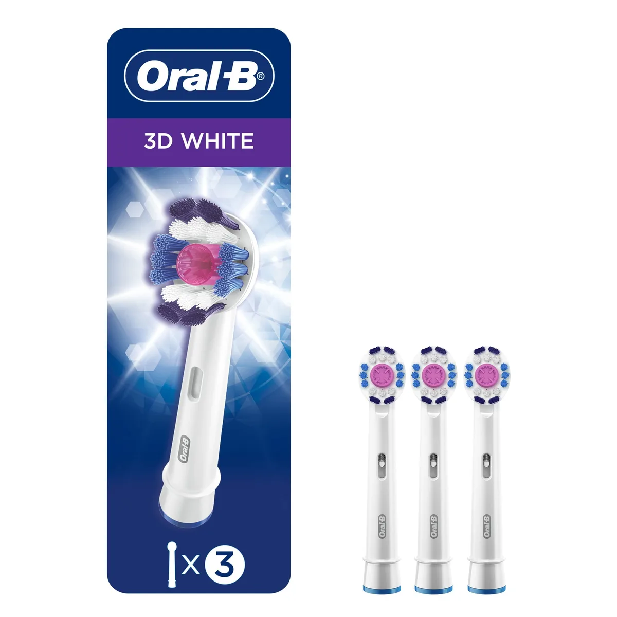 Three white Oral-B 3D White brush heads in a blister pack