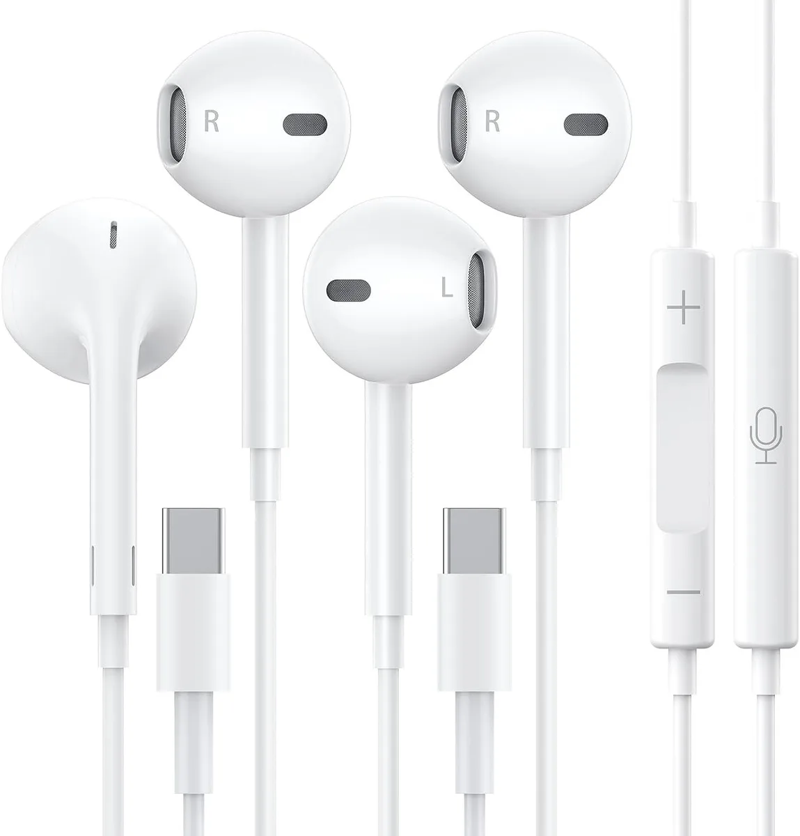 Two white USB-C wired earbuds with inline remote and microphone