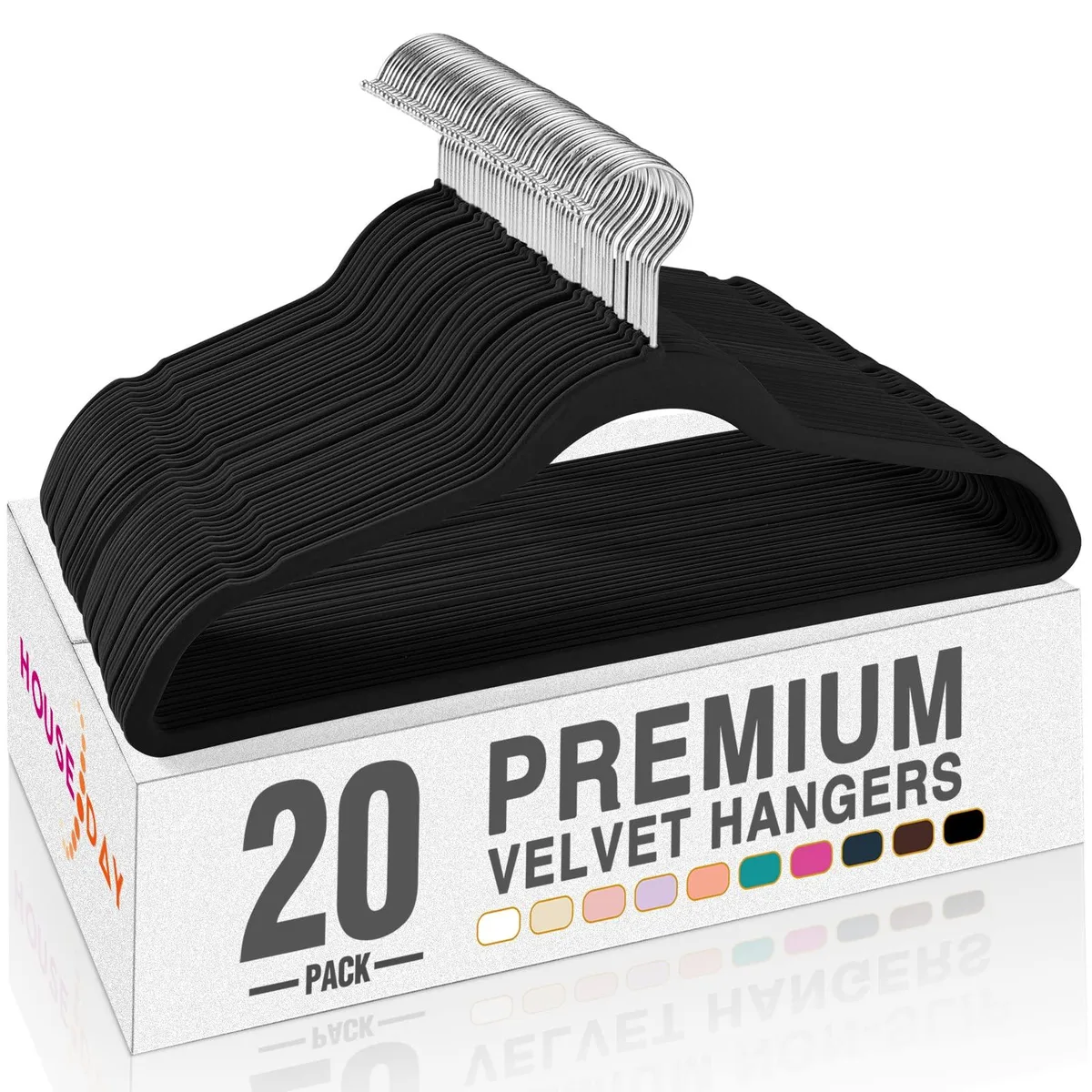 Black velvet flocked hangers with 360° swivel metal hooks, ultra-thin profile, pack of 20