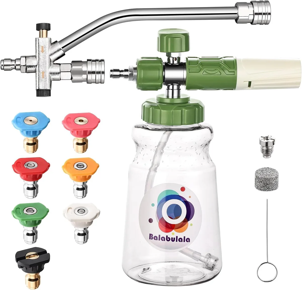 Brass dual-connector foam cannon accessory with shuttle valve and quick-connect fittings