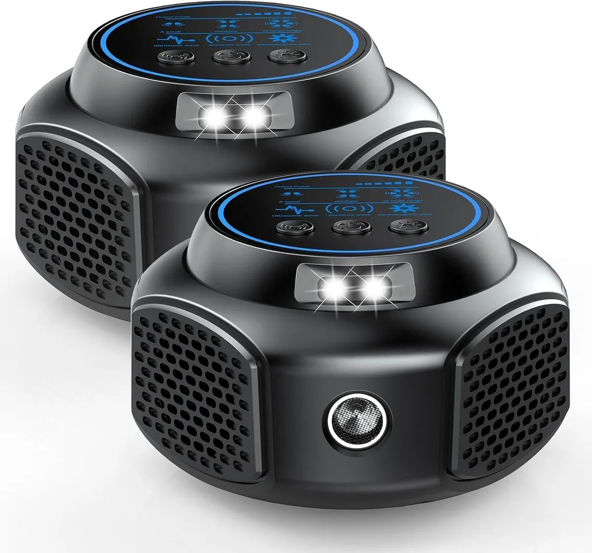 Two black plug-in ultrasonic pest repellers side by side