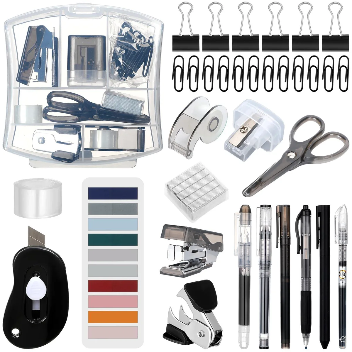 Compact black office kit box holding mini stapler, scissors, tape dispenser, pens and accessories