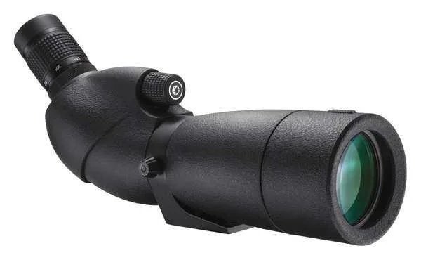 Angled black spotting scope with rubber armour and 65mm objective