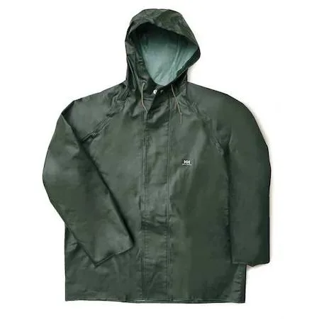 Green PVC rain jacket with attached hood, hip length, hook-and-loop front, two outside pockets